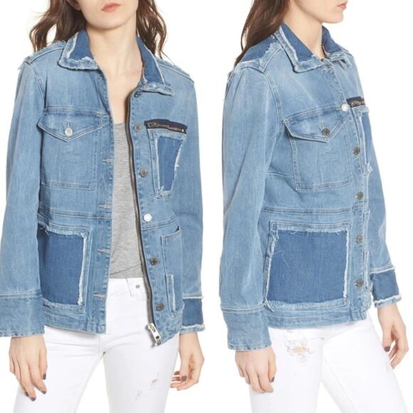 Zadig & Voltaire Kick Destroy Distressed Pocket Patchwork Blue Jean Denim Jacket - Picture 11 of 11